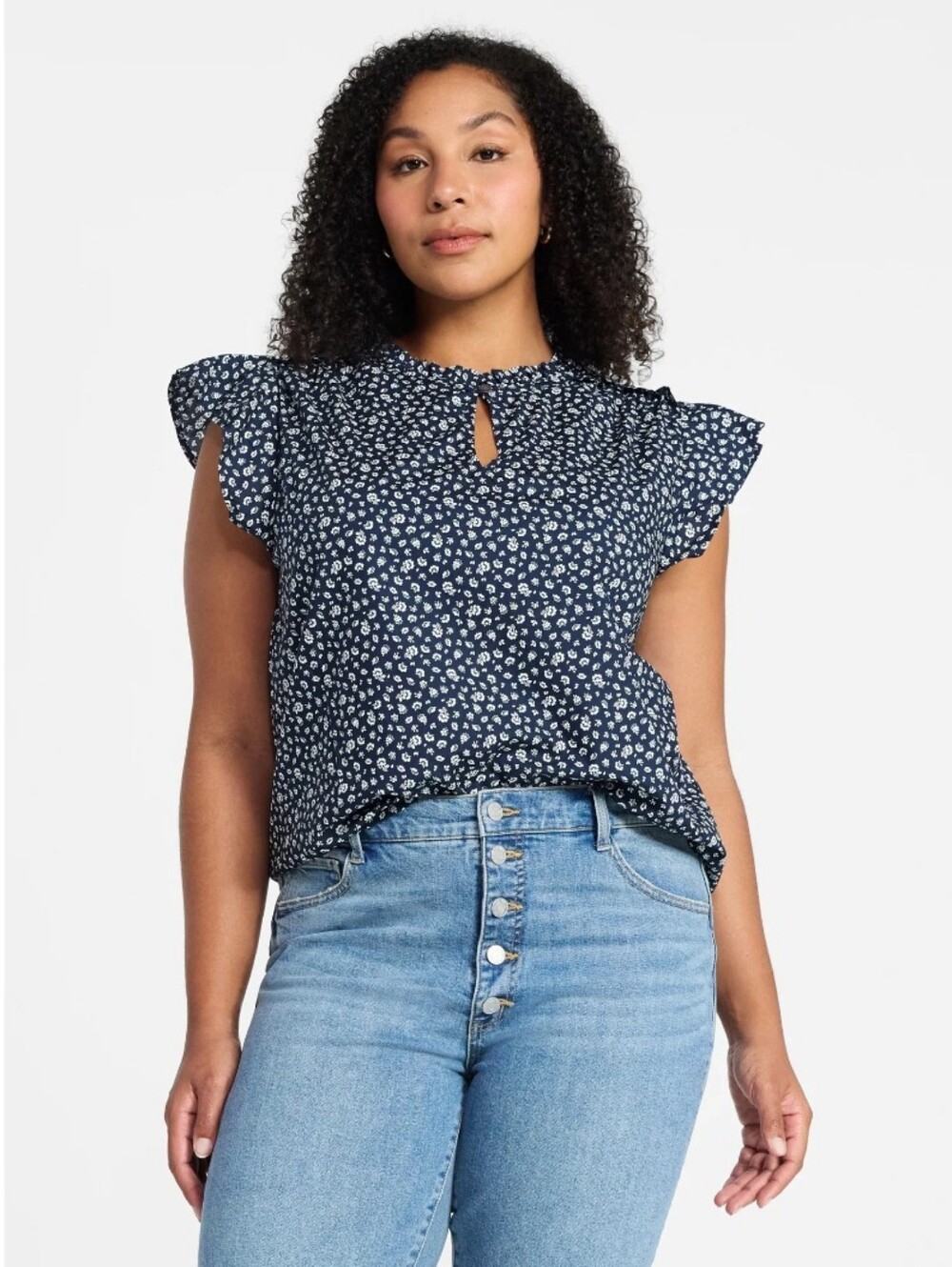 Time & Tru Tossed Flower Dark Navy Split Neck Top Sz XL